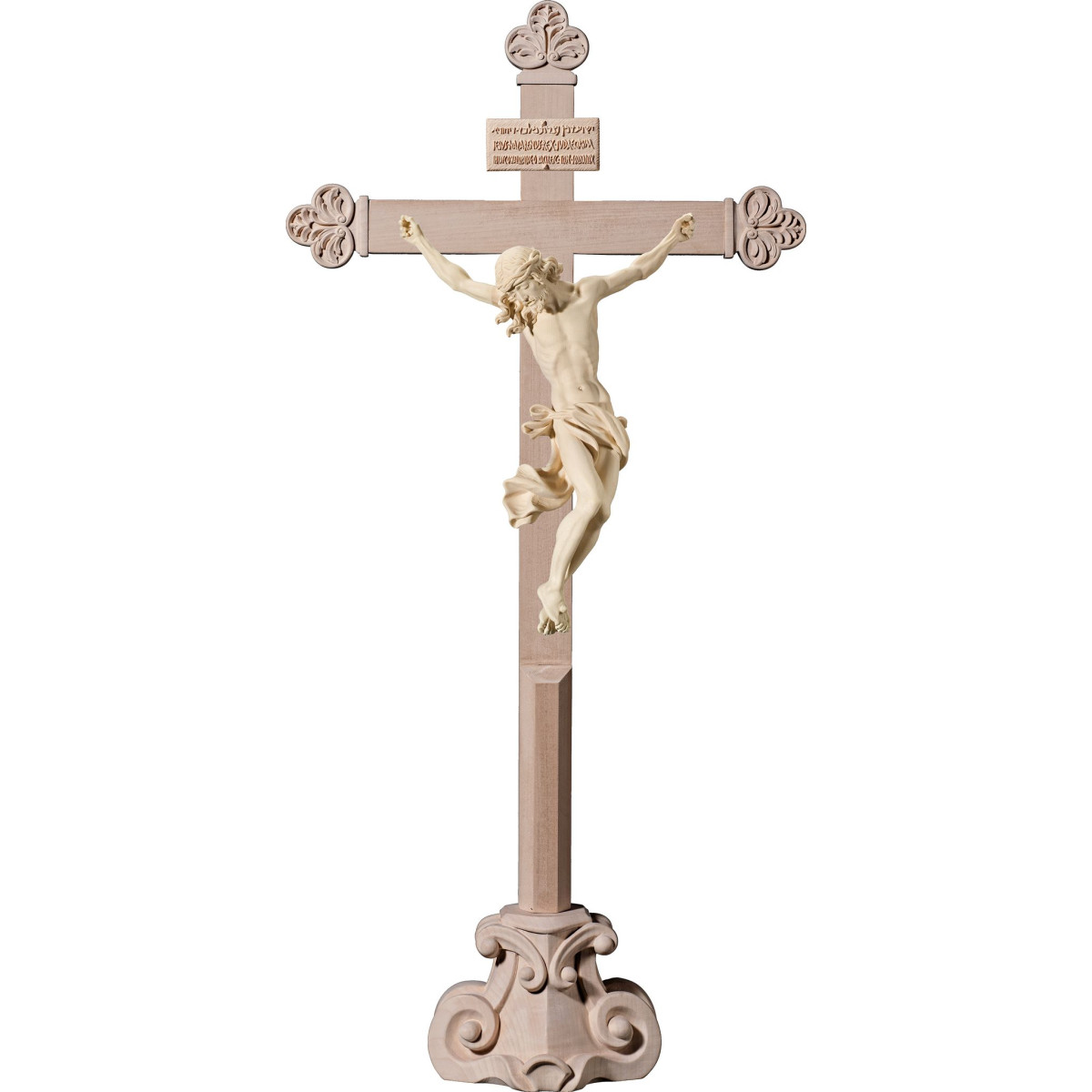 Cristo Barroco en cruz barroca en peana con Titulus Crucis en hebreo - latín - griego